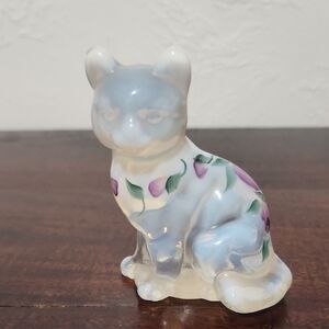 Fenton White and Blue Cat Sculpture Art